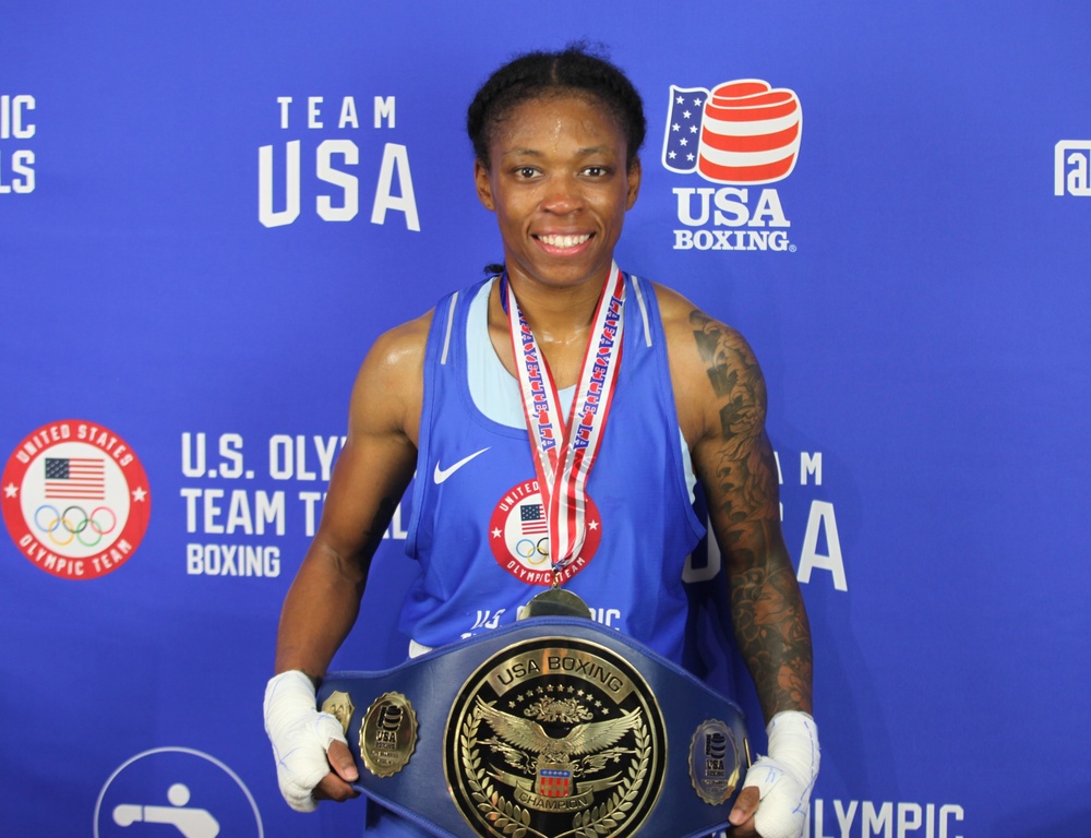 Sgt. Lisa Greer of the U.S. Army World Class Athlete Program competes in the 2024 U.S. Olympic Trials for Boxing