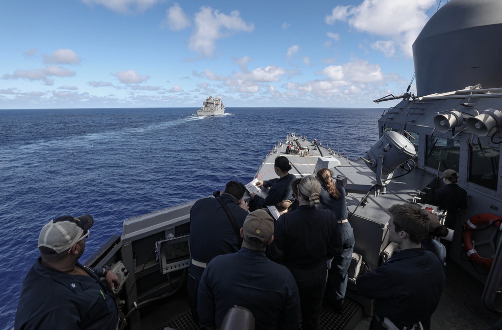 USS Dewey (DDG 105) Conducts Underway Replenishment with USNS Matthew Perry (T-AKE 9) While Operating in the Philippine Sea