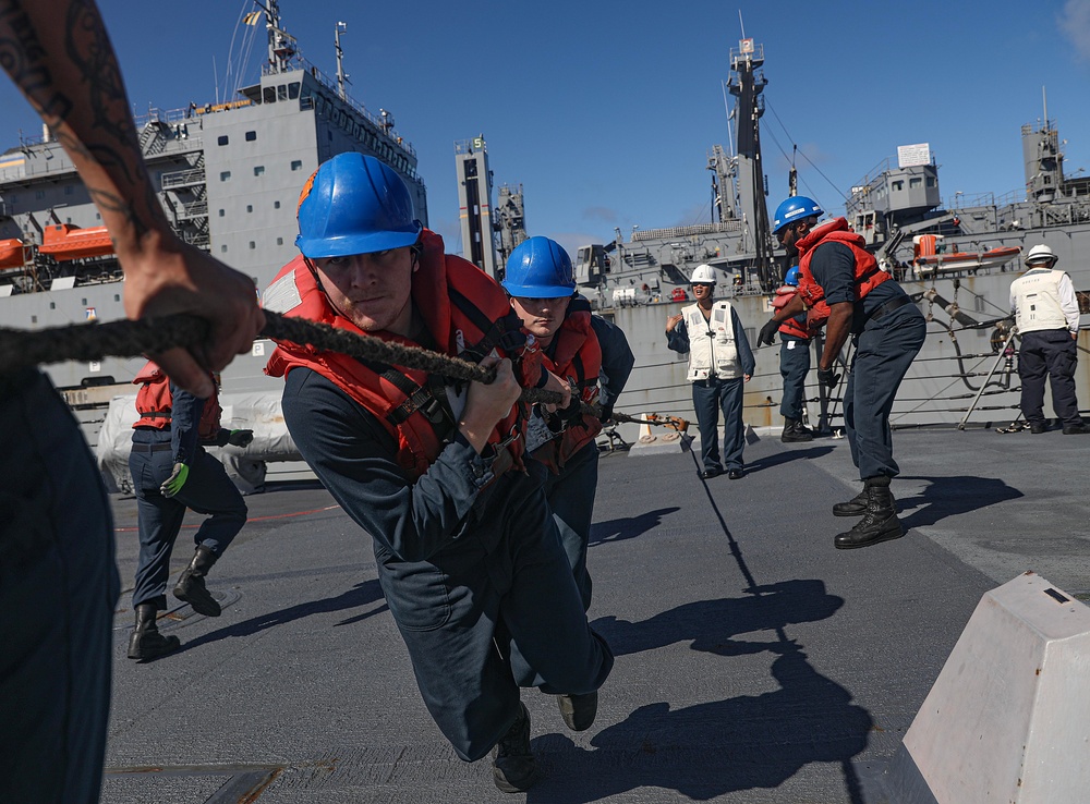 USS Dewey (DDG 105) Conducts Underway Replenishment with USNS Matthew Perry (T-AKE 9) While Operating in the Philippine Sea