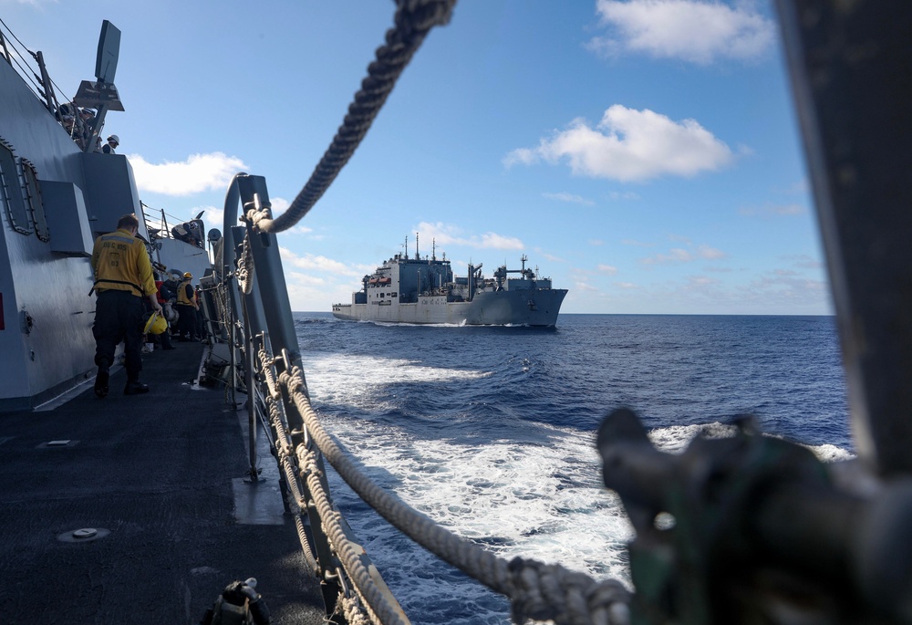 USS Dewey (DDG 105) Conducts Underway Replenishment with USNS Matthew Perry (T-AKE 9) While Operating in the Philippine Sea