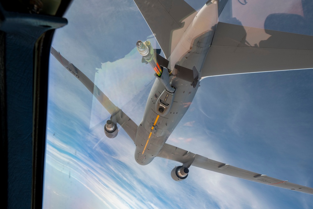 C-17 Globemaster III is refueled by KC-46A Pegasus