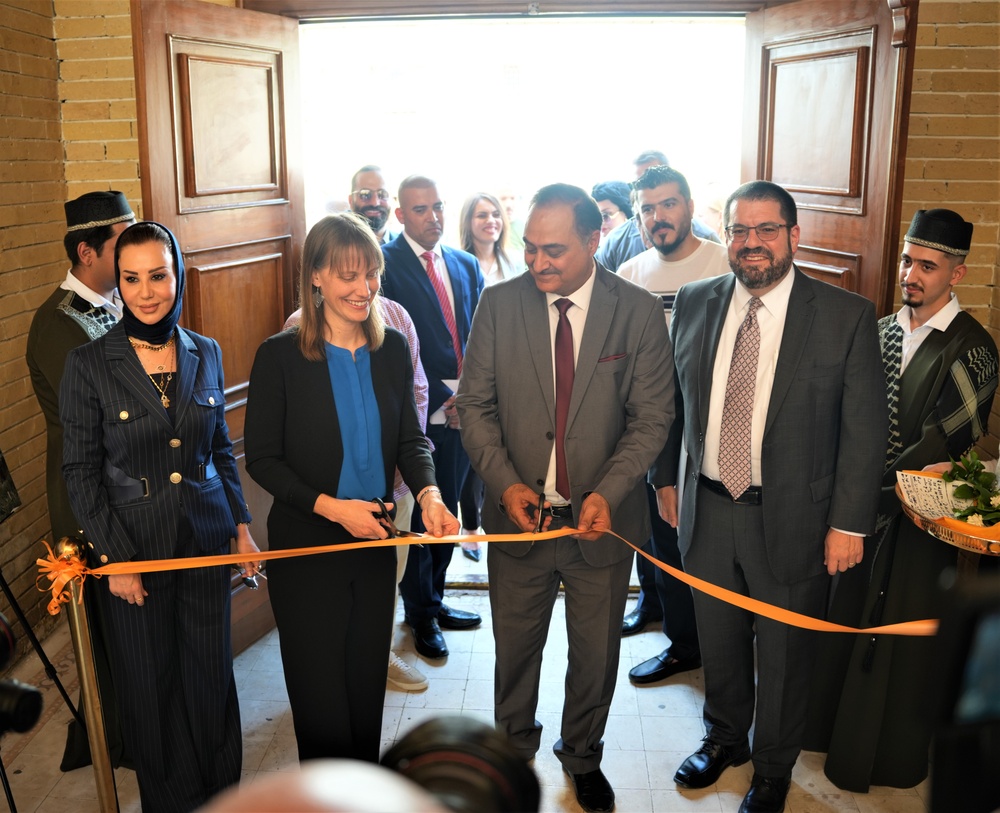 USAID’s Office of Transition Initiatives Director Brittany Brown joined Iraqi Musical Institute Director Ahmed Salim and Deputy Chief of Mission David Burger in celebrating the re-opening of the Institute, following USAID-funded renovations.
