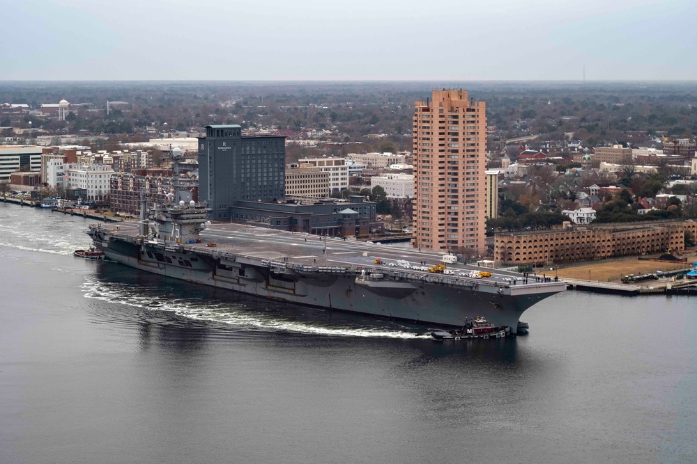 The Nimitz-class aircraft carrier USS Harry S. Truman (CVN 75) departs Norfolk Naval Shipyard en route to Naval Station Norfolk after completing its Planned Incremental Availability (PIA)