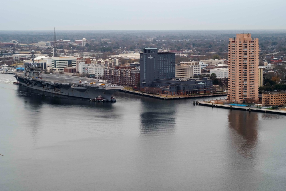 The Nimitz-class aircraft carrier USS Harry S. Truman (CVN 75) departs Norfolk Naval Shipyard en route to Naval Station Norfolk after completing its Planned Incremental Availability (PIA)