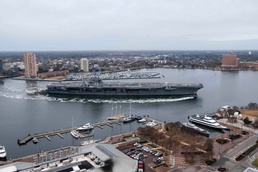The Nimitz-class aircraft carrier USS Harry S. Truman (CVN 75) departs Norfolk Naval Shipyard en route to Naval Station Norfolk after completing its Planned Incremental Availability (PIA)