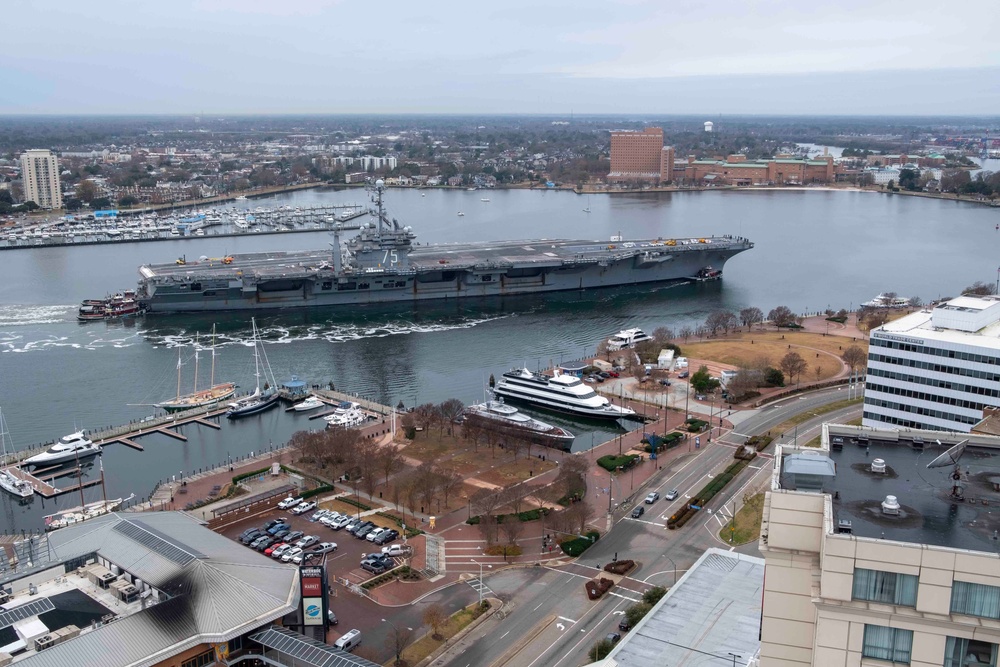 The Nimitz-class aircraft carrier USS Harry S. Truman (CVN 75) departs Norfolk Naval Shipyard en route to Naval Station Norfolk after completing its Planned Incremental Availability (PIA)