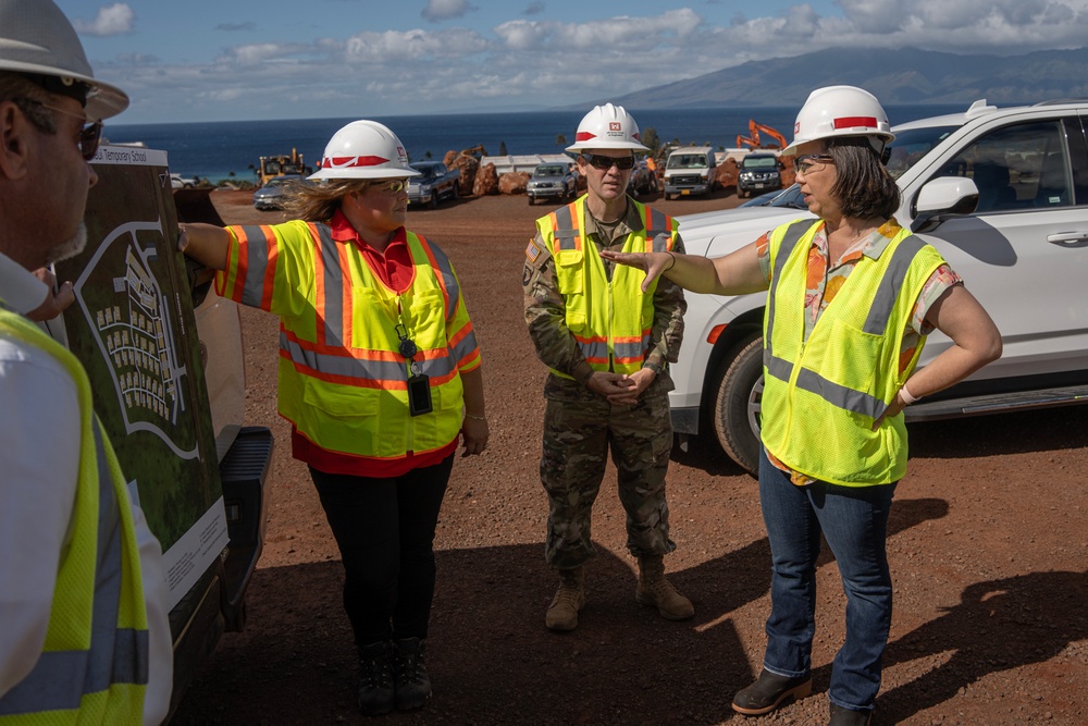 USACE personnel and contractors provide updates and tour of temporary school to Rep. Jill Tokuda