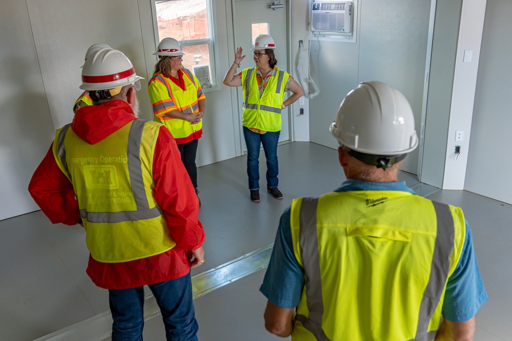 USACE personnel and contractors provide updates and tour of temporary school to Rep. Jill Tokuda