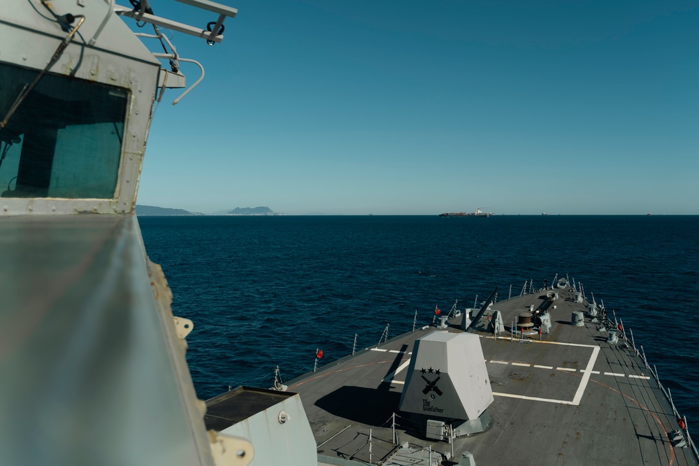 Delbert D. Black Transits the Strait of Gibraltar.