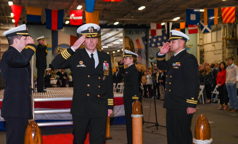 The change of command was presided by Rear Adm. Sean R. Bailey, commander Carrier Strike Group EIGHT, where Capt. Dave Snowden relieved Capt. Gavin Duff as Truman's new commanding officer.