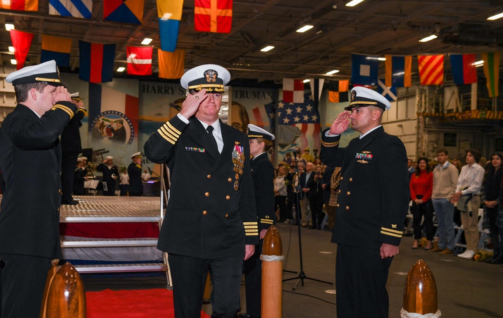 The change of command was presided by Rear Adm. Sean R. Bailey, commander Carrier Strike Group EIGHT, where Capt. Dave Snowden relieved Capt. Gavin Duff as Truman's new commanding officer.