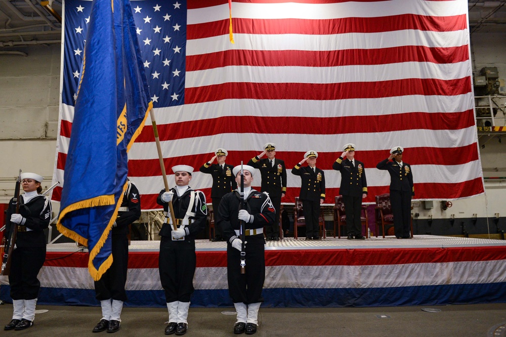 The change of command was presided by Rear Adm. Sean R. Bailey, commander Carrier Strike Group EIGHT, where Capt. Dave Snowden relieved Capt. Gavin Duff as Truman's new commanding officer.