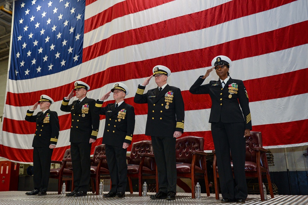 The change of command was presided by Rear Adm. Sean R. Bailey, commander Carrier Strike Group EIGHT, where Capt. Dave Snowden relieved Capt. Gavin Duff as Truman's new commanding officer.