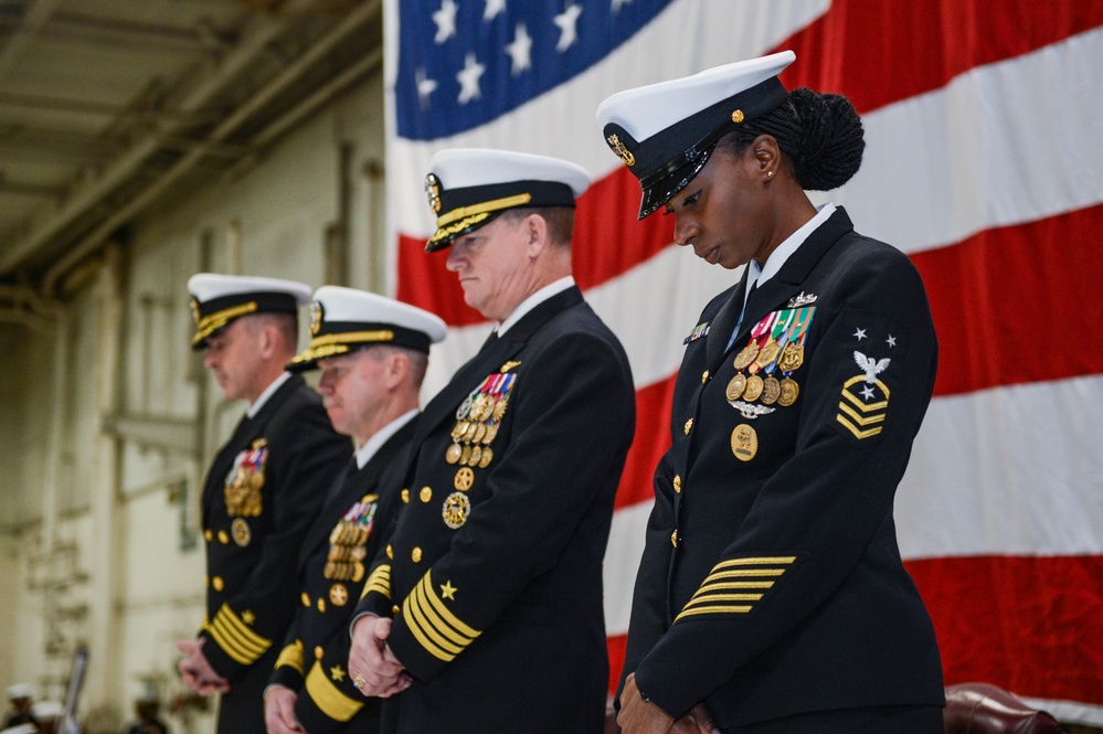 The change of command was presided by Rear Adm. Sean R. Bailey, commander Carrier Strike Group EIGHT, where Capt. Dave Snowden relieved Capt. Gavin Duff as Truman's new commanding officer.
