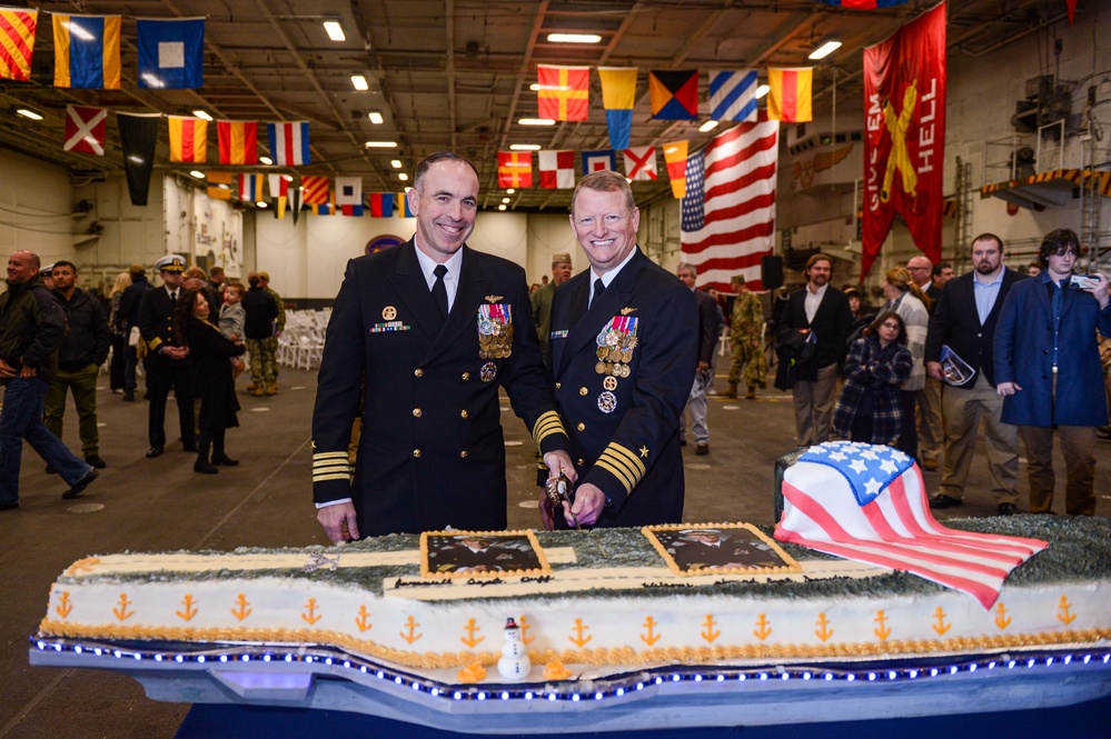 The change of command was presided by Rear Adm. Sean R. Bailey, commander Carrier Strike Group EIGHT, where Capt. Dave Snowden relieved Capt. Gavin Duff as Truman's commanding officer.