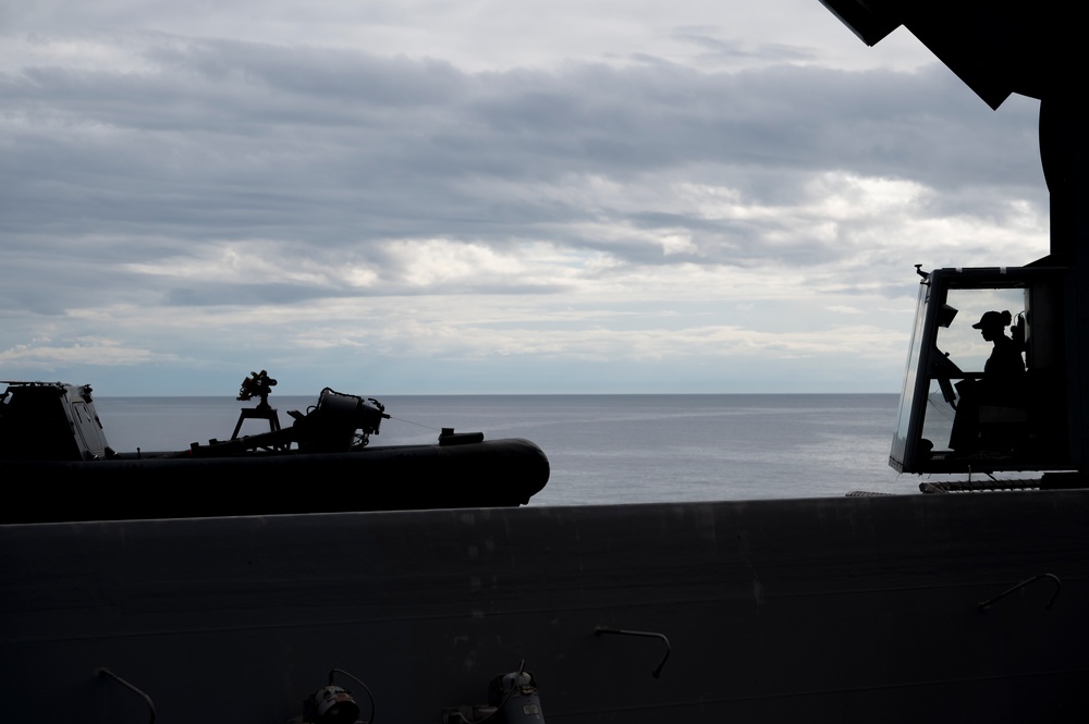 Lowering a RHIB from the USS New York (LPD-21)