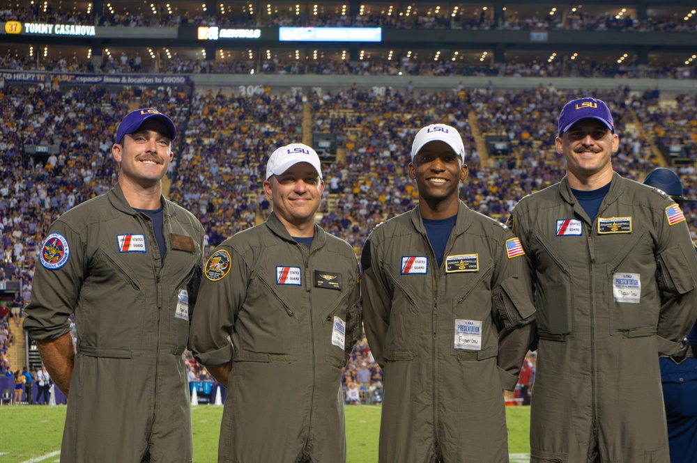 Coast Guard Aircrew conducts flyover at LSU Tiger Stadium