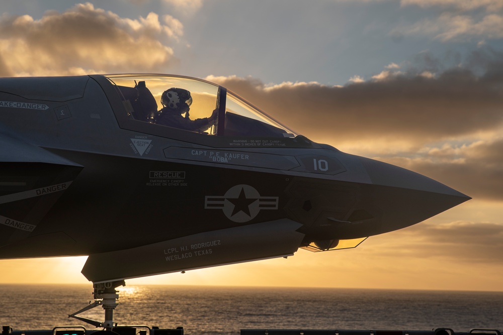 F-35Bs Sunset Takeoff for Expeditionary Strike