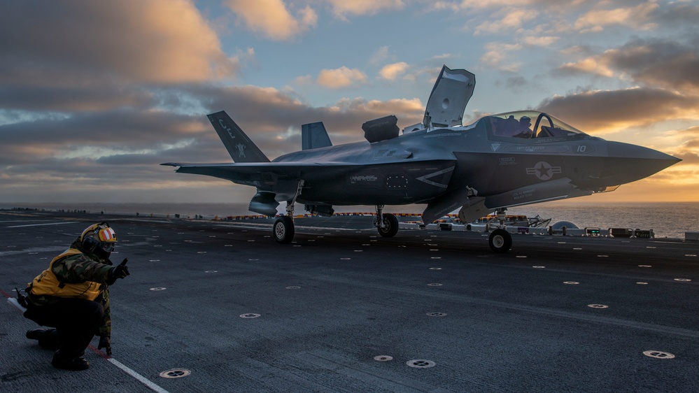 F-35Bs Sunset Takeoff for Expeditionary Strike