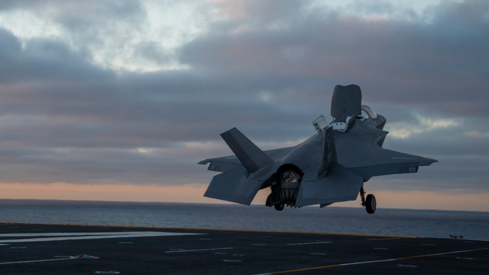 F-35Bs Sunset Takeoff for Expeditionary Strike