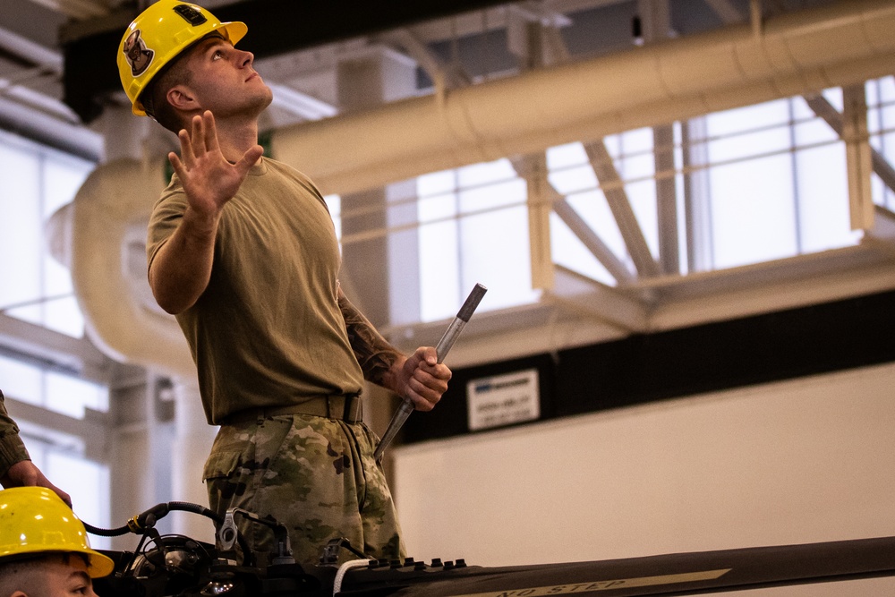 National Guard Helicopter Crew Chiefs conduct Maintenance on Black Hawk Helicopters