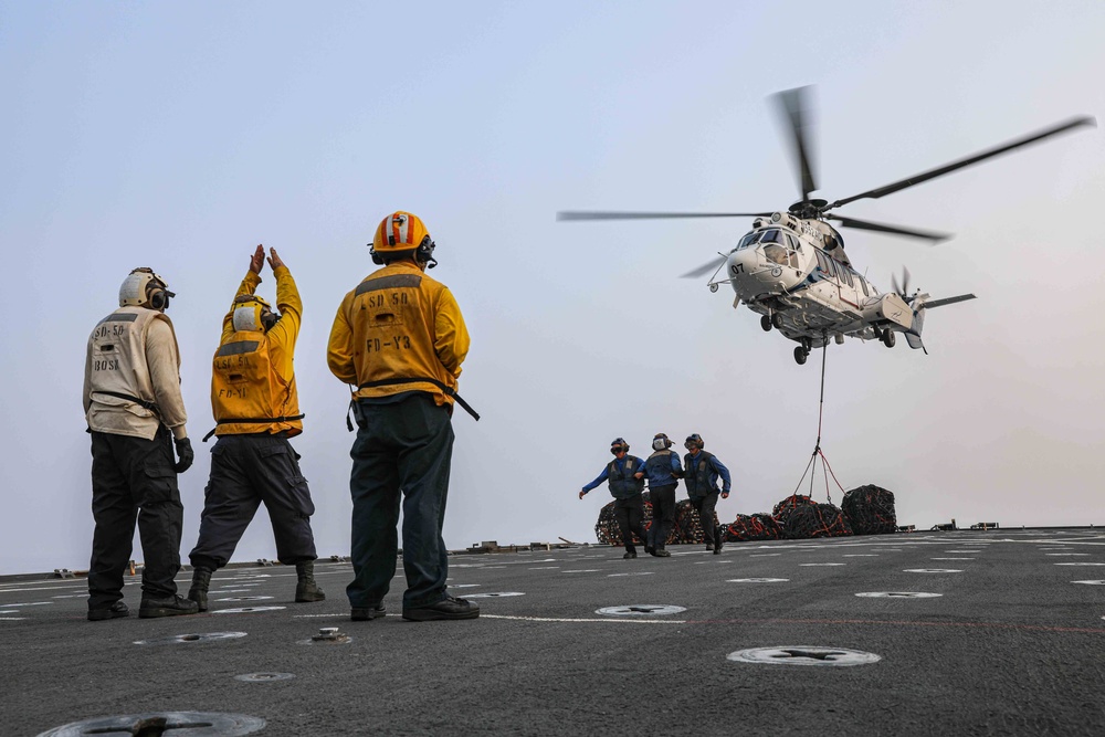 USS Carter Hall (LSD 50) Conducts Vertical Replenishment, Nov. 23, 2023