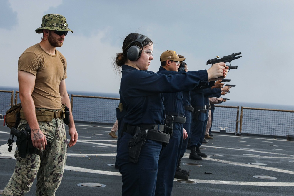 USS Carter Hall Sailors Conduct a Small Arms Qualification Shoot