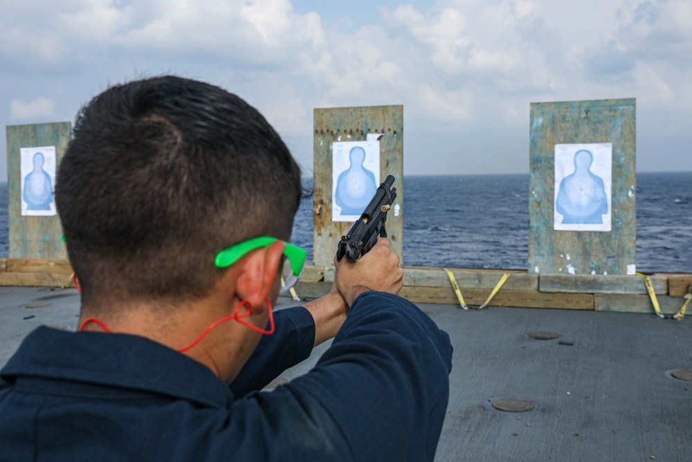 USS Carter Hall Sailors Conduct a Small Arms Qualification Shoot