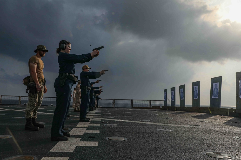 USS Carter Hall Sailors Conduct a Small Arms Qualification Shoot