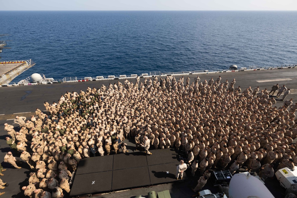 26th Marine Expeditionary Unit Holds All Hands Call Aboard USS Bataan