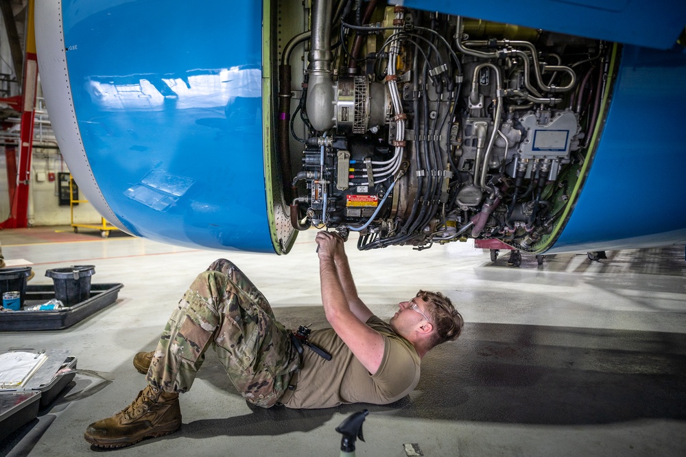 932nd AW crew chiefs perform routine inspection on C-40C