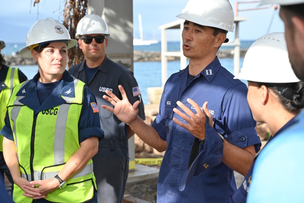 Western Maui Wildfires Emergency Support Function #10 Coast Guard personnel host Coast Guard Fourteenth District leadership for harbor update in Lahaina, Hawaii