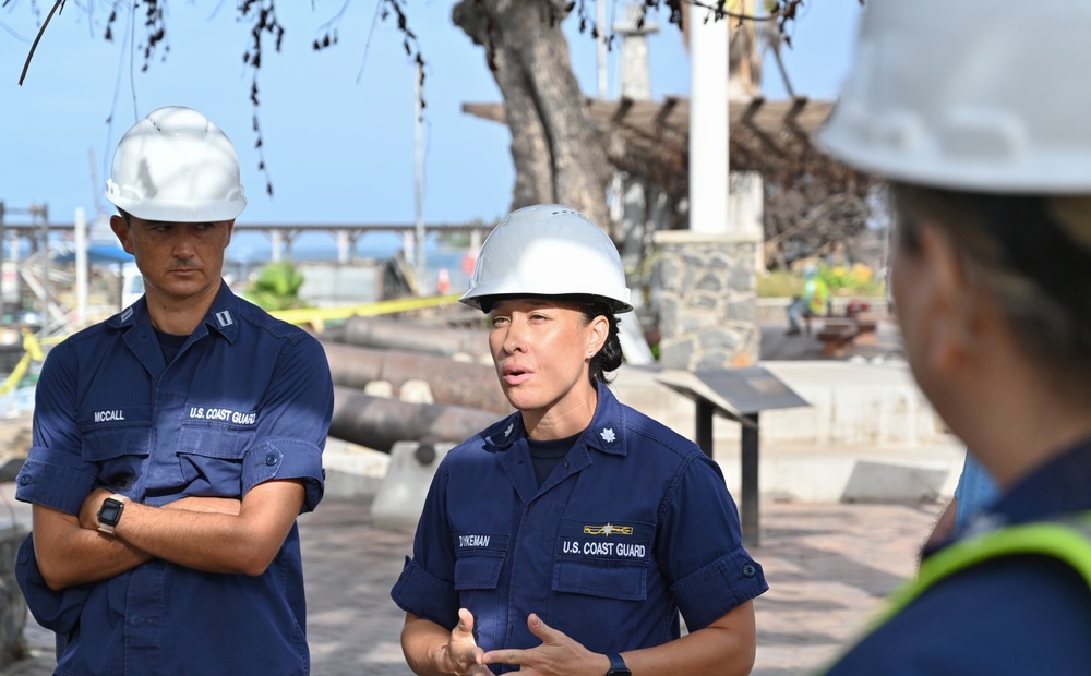 Western Maui Wildfires Emergency Support Function #10 Coast Guard personnel host Coast Guard Fourteenth District leadership for harbor update in Lahaina, Hawaii