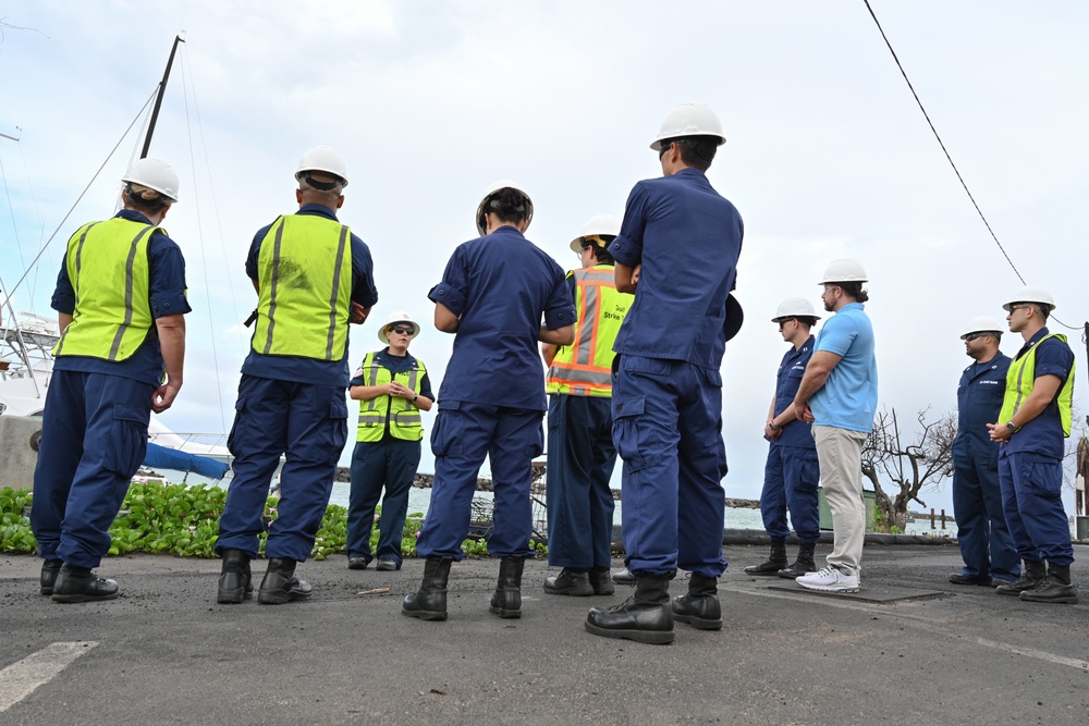 Western Maui Wildfires Emergency Support Function #10 Coast Guard personnel host Coast Guard Fourteenth District leadership for harbor update in Lahaina, Hawaii