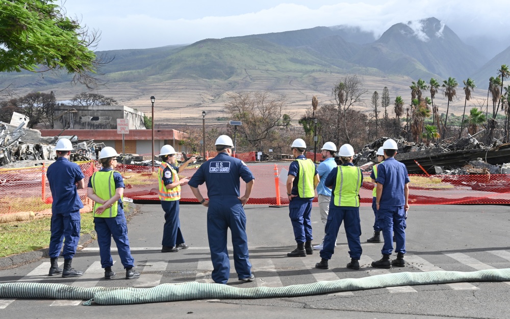 Western Maui Wildfires Emergency Support Function #10 Coast Guard personnel host Coast Guard Fourteenth District leadership for harbor update in Lahaina, Hawaii