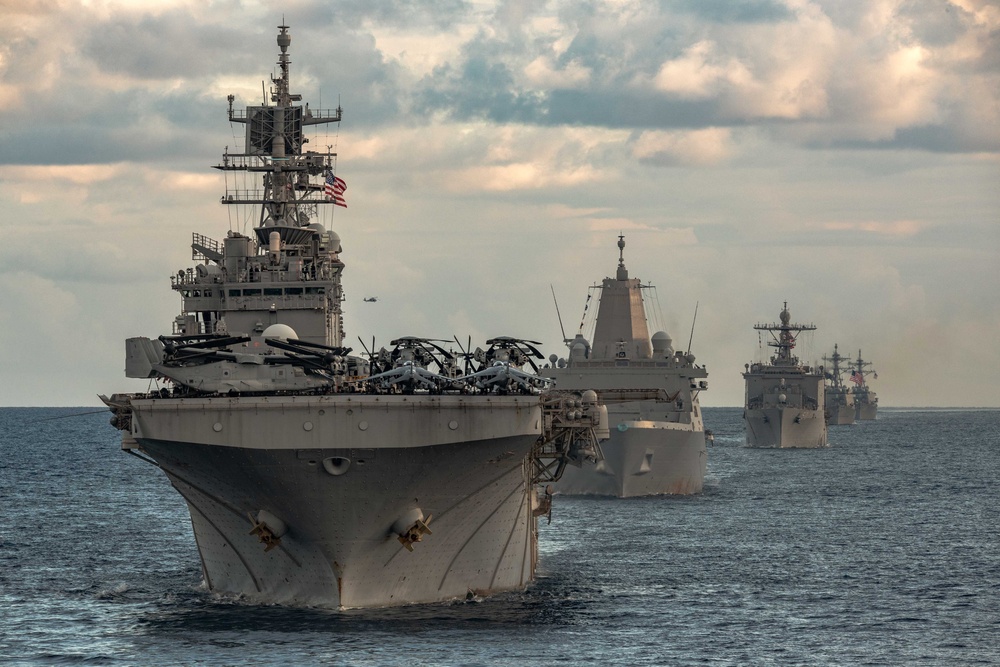 PHOTOEX USS Gerald R. Ford Carrier Strike Group Sails in Formation with USS Bataan Amphibious Ready Group in the Mediterranean Sea