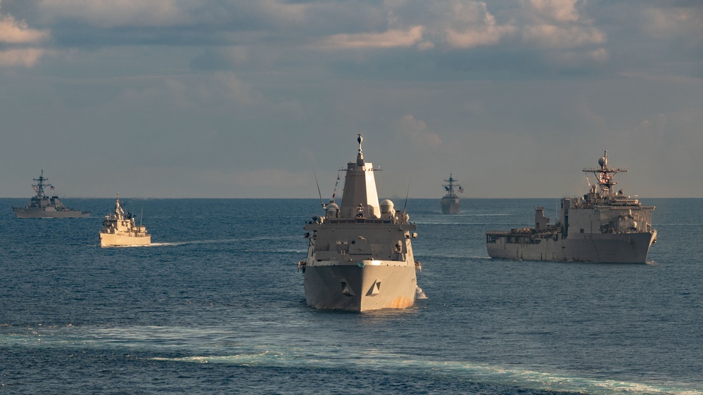 PHOTOEX USS Gerald R. Ford Carrier Strike Group Sails in Formation with USS Bataan Amphibious Ready Group in the Mediterranean Sea