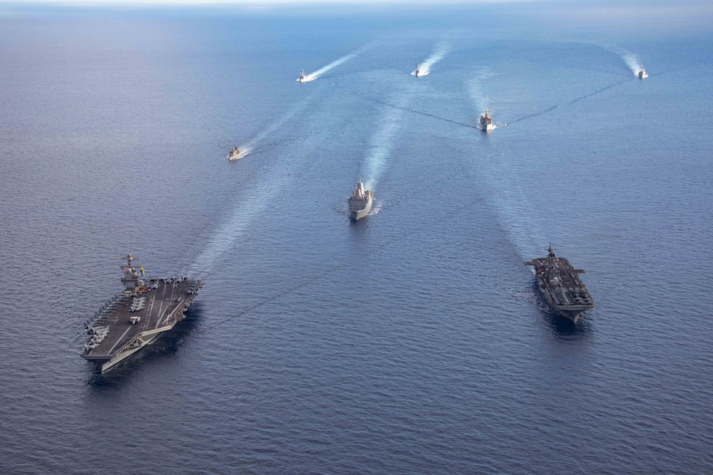 USS Bataan Amphibious Ready Group and USS Gerald R. Ford Carrier Strike Group Sail in the Mediterranean Sea