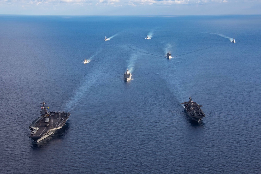 USS Bataan Amphibious Ready Group and USS Gerald R. Ford Carrier Strike Group Sail in the Mediterranean Sea