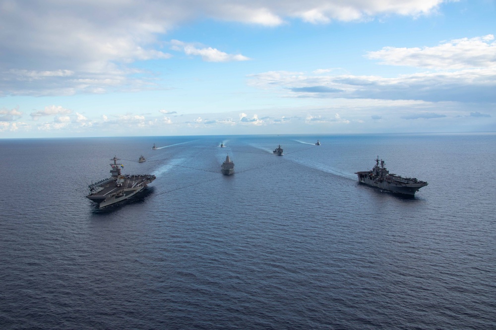 USS Bataan Amphibious Ready Group and USS Gerald R. Ford Carrier Strike Group Sail in the Mediterranean Sea