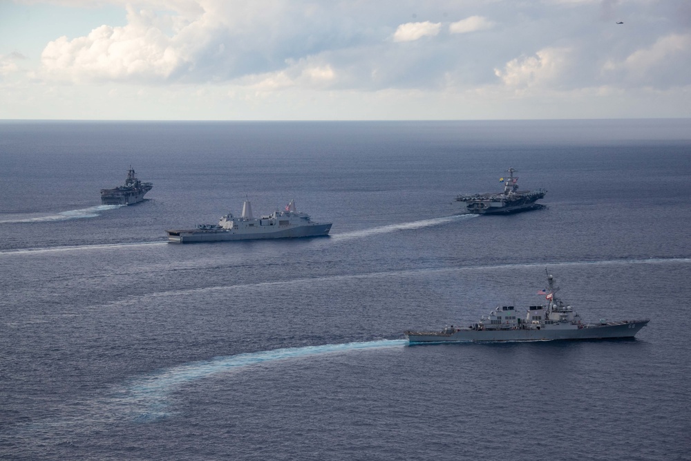 PHOTOEX USS Gerald R. Ford Carrier Strike Group Sails in Formation with USS Bataan Amphibious Ready Group in the Mediterranean Sea