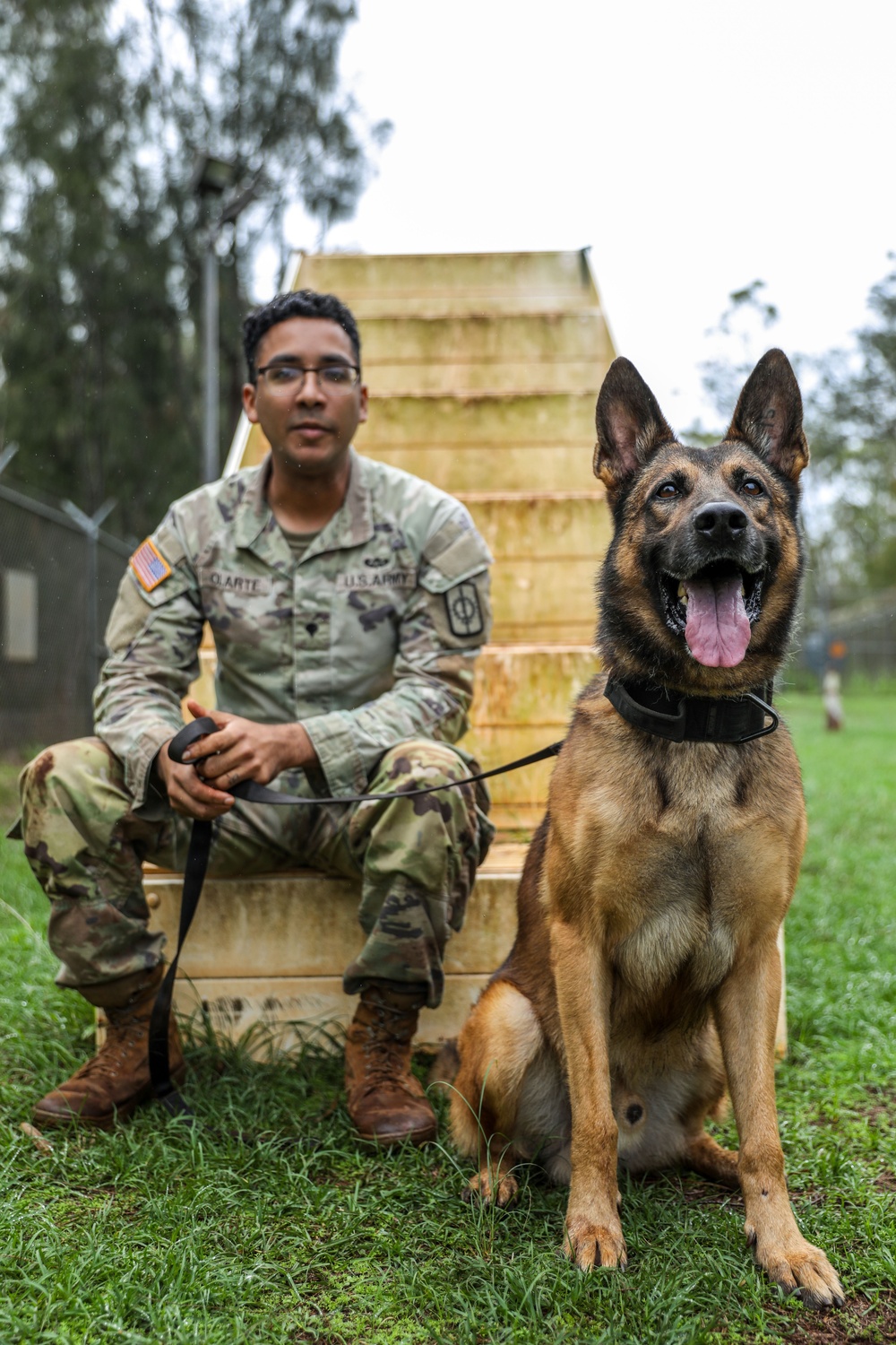 8th Military Police Brigade working dog handler and military working dog, pose for a photo on Scofield Barracks.