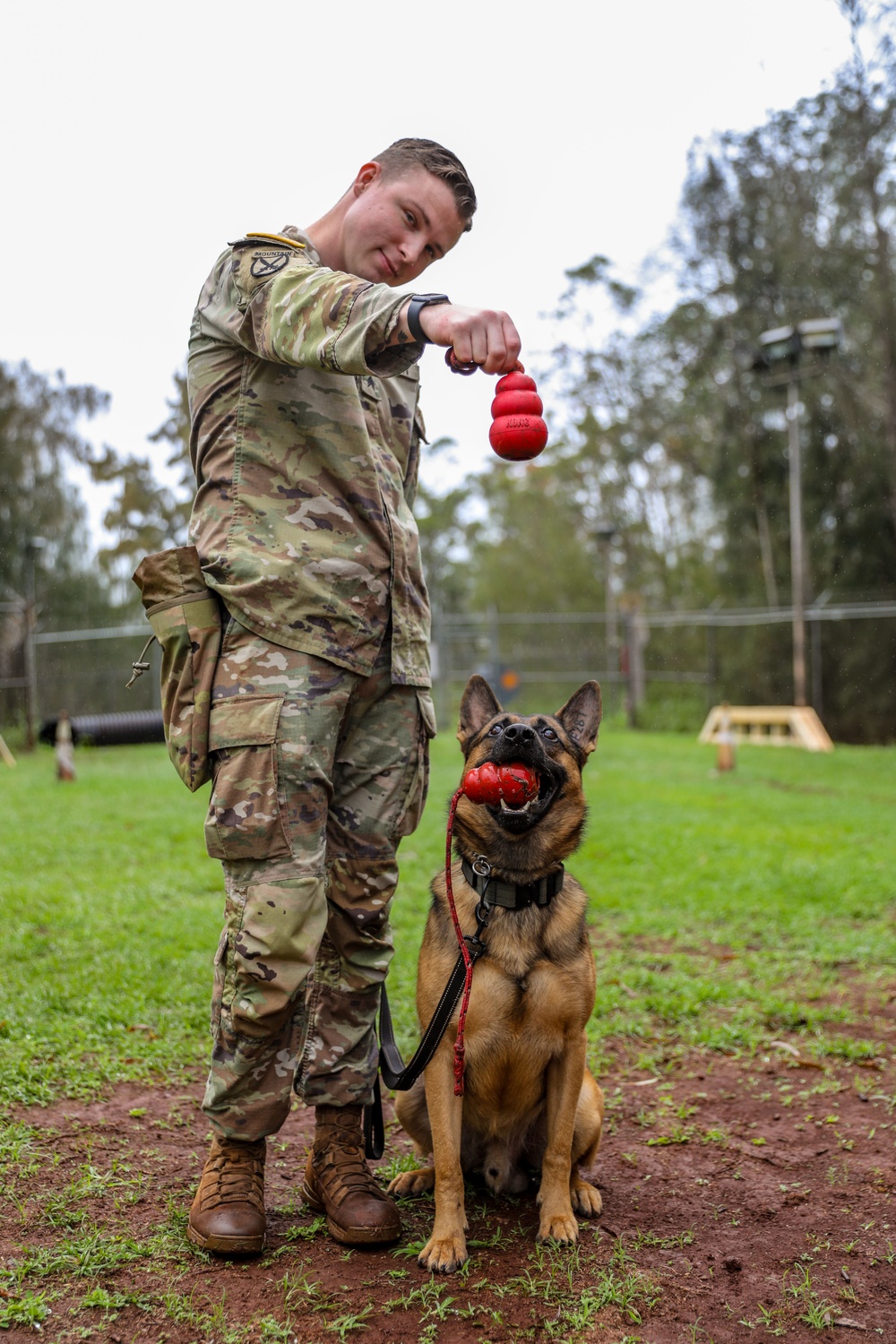 8th Military Police Brigade working dog handler and military working dog, pose for a photo on Scofield Barracks.