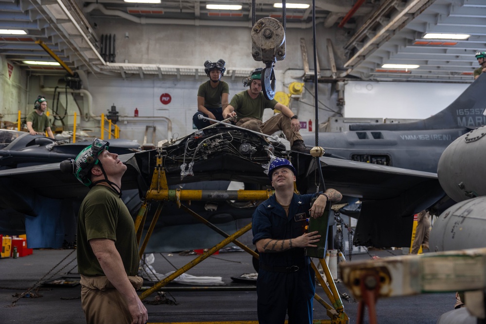 USS Bataan Sailors Conduct AV-8B Harrier Maintenance