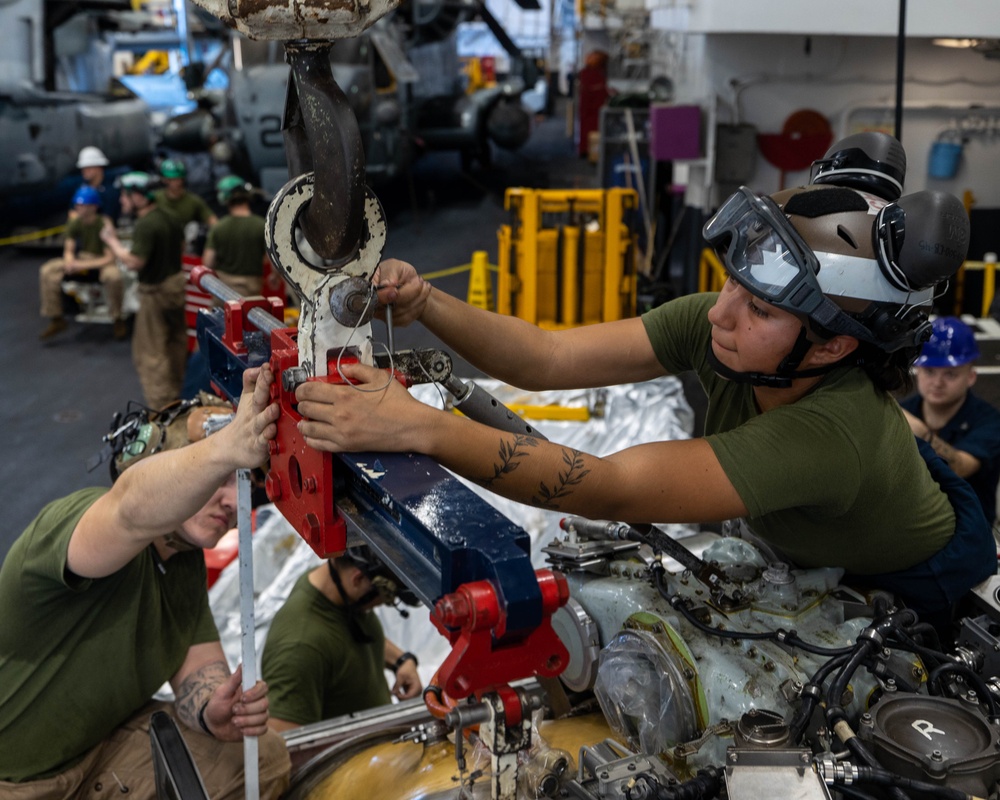 USS Bataan Sailors Conduct AV-8B Harrier Maintenance