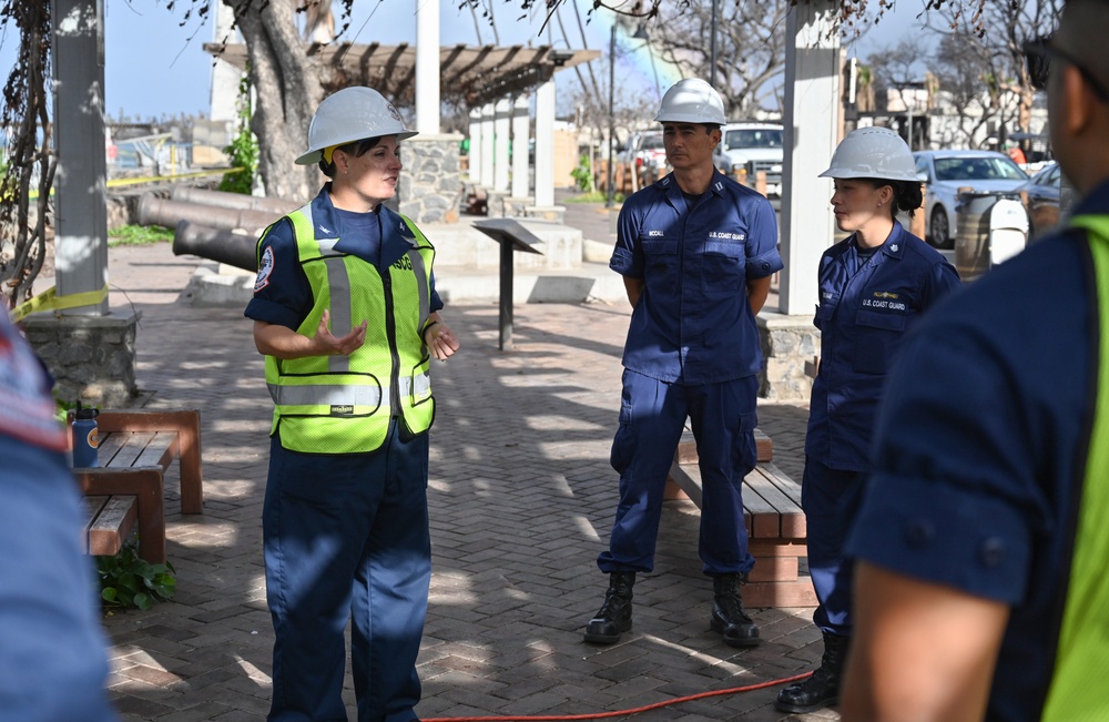 Western Maui Wildfires Emergency Support Function #10 Coast Guard personnel host Coast Guard Fourteenth District leadership for harbor update in Lahaina, Hawaii