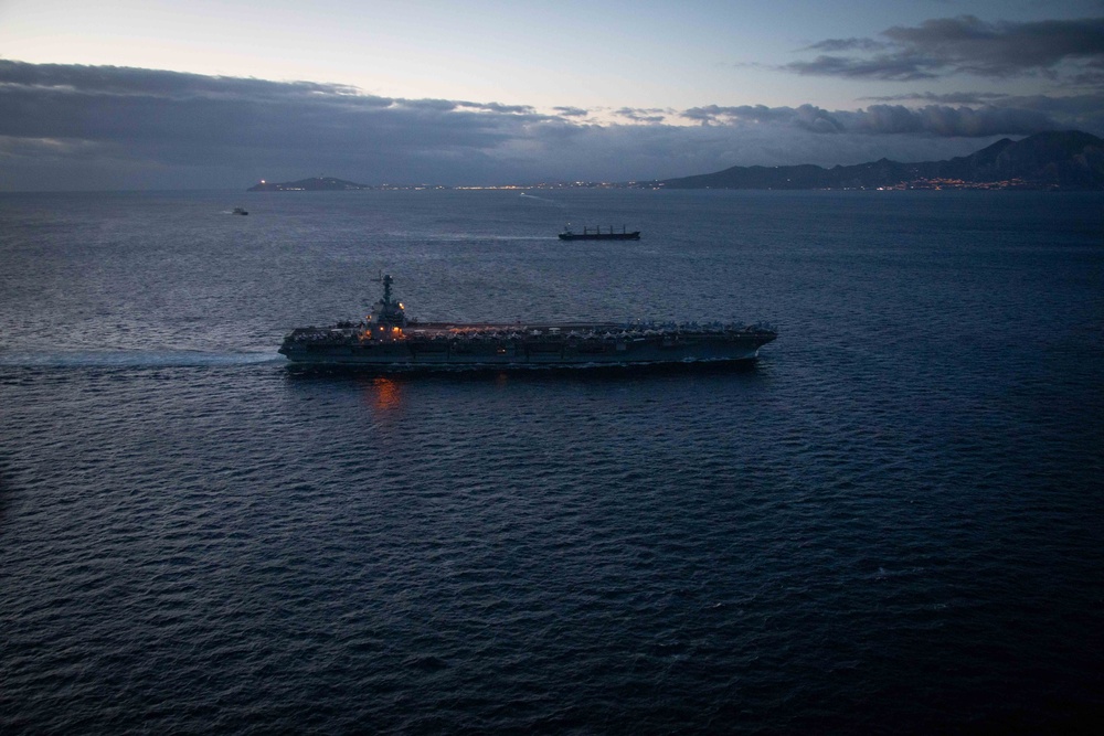 The USS Gerald R. Ford transits the Strait of Gibraltar