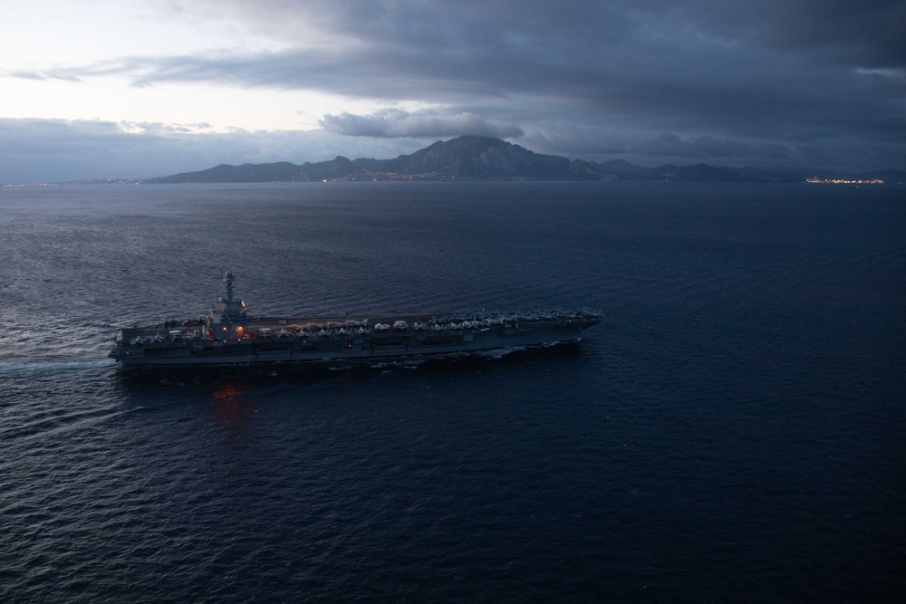 The USS Gerald R. Ford transits the Strait of Gibraltar