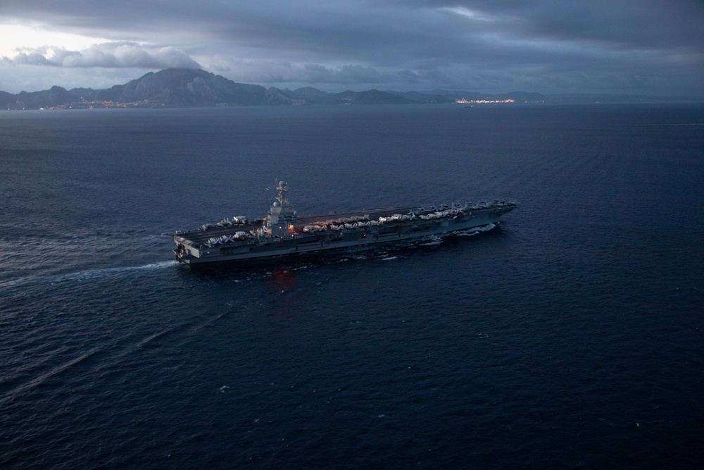 The USS Gerald R. Ford transits the Strait of Gibraltar