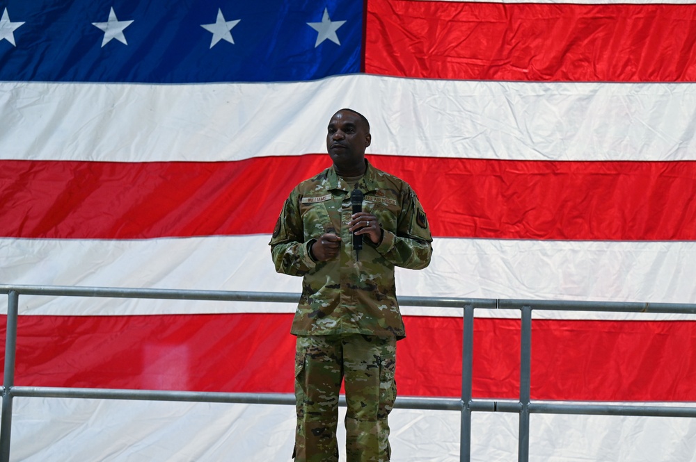 Command Chief Master Sgt. Maurice Williams visits the 186th Air Refueling Wing